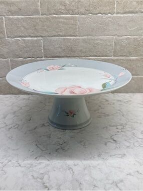 Victorian Rose Saltera Porcelain Gray & Pink Floral Pedestal Cake Stand Plate